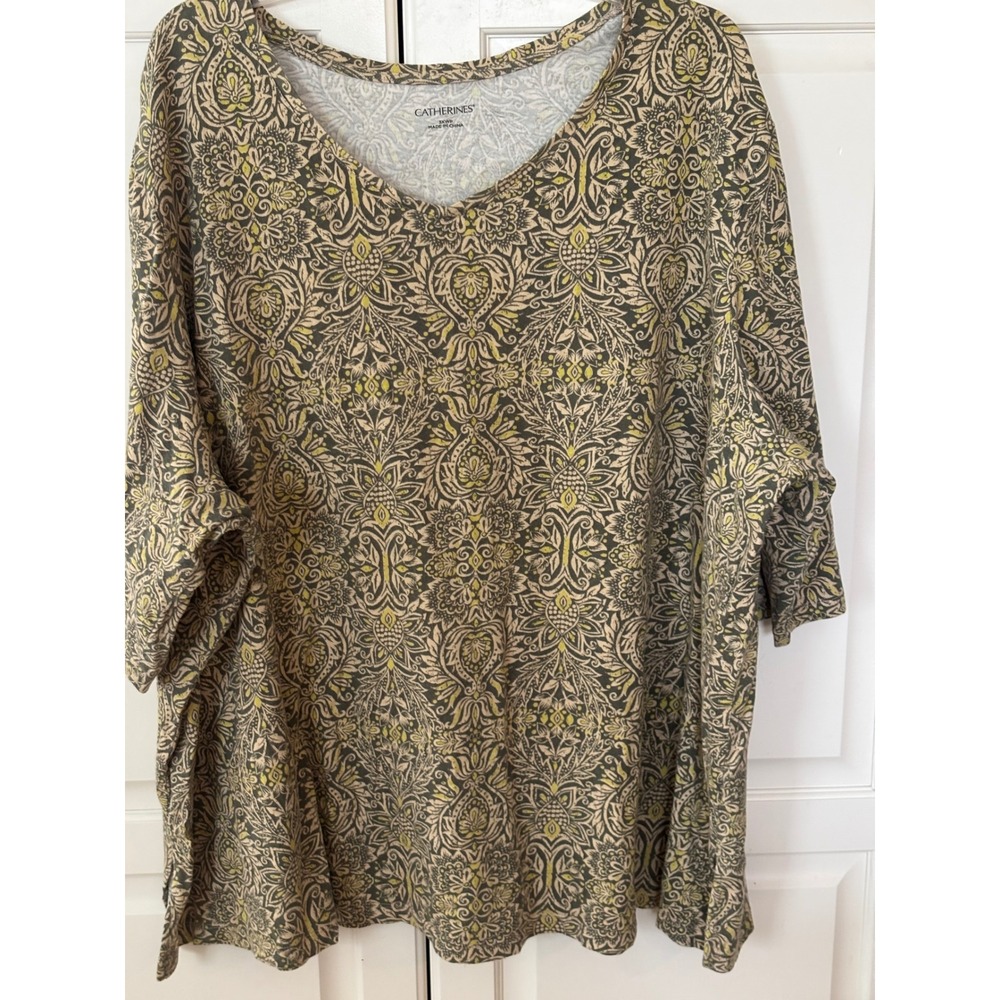 Catherines 3XWP Petite Olive Green Paisley Damask Cotton Scoop Neck Top